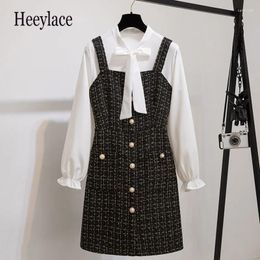 Work Dresses Women French Vintage Elegant Two Pieces Set Office Ladies Bow Collar Long Sleeve White Blouse And Tweed Dreeses Suits Female