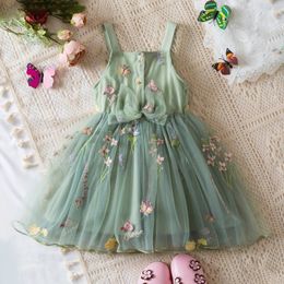 Toddler Baby Girls Summer Dress Puffy Mesh Tutu Princess Floral Embroidery Suspender Dress Baby Girls Birthday Party Clothes 240416