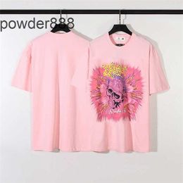 Instagram Summer Fashion Brand American Skull Rose Printed Couple Dress Loose Pink Short Sleeved Mens and Womens T-shirt