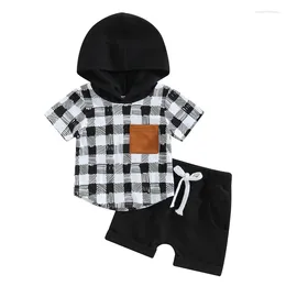 Clothing Sets Baby Boy Hoodie Outfit Checkered Short Sleeve Hooded T-Shirt Top Casual Shorts Set Summer Clothes