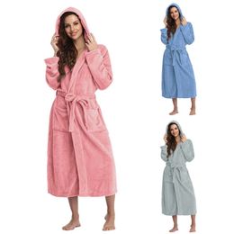 AGEP Women's Sleep Lounge New Autumn Solid Hooded Robe Bathrobe Women Winter Warm Plush Lightweight Soft Nightgown Robes Female Casual Home Dressing Gowns d240419
