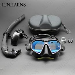 JUNHAIINS Tempered Glass Freediving Mask Snorkeling Set Foldable snorkel Jtype Diving with Camera Mount 240407
