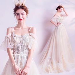 Party Dresses 2024 Spring Fashionable Thin Princess Bride Bright Crystal Lace Big Tailing Show Performance Prom Dress