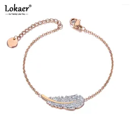 Charm Bracelets Trendy CZ Crystal Feather For Women Girls Stainless Steel Link & Chain Bracelet Birthday Gift B20016