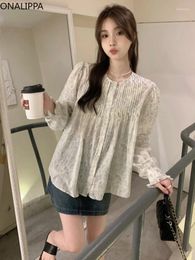 Women's Blouses Onalippa Small Fresh Floral Chiffon Blouse Vintage Pleated Design Loose Womens Tops Korean Fashion Single Breasted Shirts