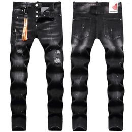 Men's Jeans Hipster Fashion Black Grey Stretch Paint Dot Decorated Zipper Lanyard Ripped Patch For Men