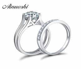 AINOUSHI 925 Sterling Silver 4 Prongs Engagement Bridal Ring Sets Sona Round Cut Wedding Anniversary Silver Bridal Ring Sets Y20013213008