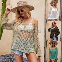 Women's T Shirt sexy Tees Long sleeved hollow out knitted sweater for women's summer thin loose beach cover up 2024 new knitted top Plus Size tops