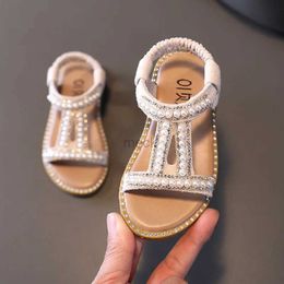 6PSR Sandals Girls Sandals Kids Summer Roman Shoes 2022 Elegant Pearl Rhinestone Party Princess Shoe Flats Non-slip Casual Girl Beach Sandal 240419