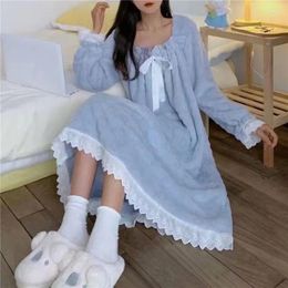 Women's Sleepwear Women Winter Nightdress White Sweet Korean Style Autumn Warm And Fleece Loungewear Woman Home Clothes Suit