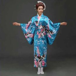 Ethnic Clothing Lake Blue National Trends Women Sexy Kimono Yukata With Obi Novelty Evening Dress Japanese Cosplay Costume Floral One Size d240419