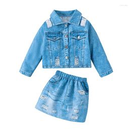Clothing Sets Autumn Kids Girls Outfits Long Sleeve Button Denim Coat Blue Ripped Skirt Spring Clothes Set