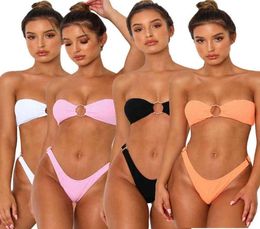 Women039s Swimwear solid color Strapless bikini small chest back button four women039s swimming suit6520896