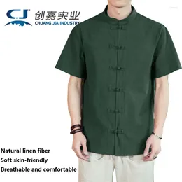 Men's Casual Shirts Linen Shirt Short-sleeved Stand-up Collar Summer Thin Style Loose Chinese Wind Disc Buckle Washed Cotton Top