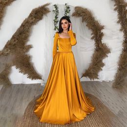 Party Dresses Gold Satin A Line Saudi Arabic Evening Long Sleeve Sequare Neck Dubai Prom Gowns Plus Size Women Formal Dress