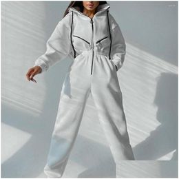 Womens Tracksuits Women Basic Hoodie Jumpsuit Zipper Dstring Overall High Waist Elasticity Streetwear Tracksuit Rompers Casual One D Dhgu4
