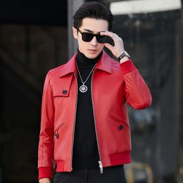 Mens Genuine Leather Biker Jacket Black Red Coat Spring Fall Tops Slim Fit Casual Jackets Coats