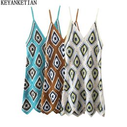 KEYANKETIAN Boho Cutout Crochet Colorblock Diamond Cheque Knit Slip Dress Womens Summer Thin Sleeveless V-Neck Mini Skirt 240415