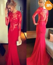 Real Image New Sexy Crew Neck Long Sleeve Covered Button Mermaid Chiffon Applique Prom Dresses Lace Celebrity Evening Gowns5541495