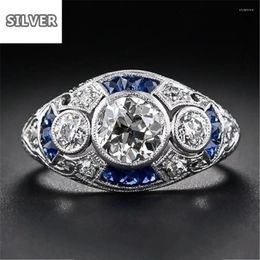 Cluster Rings 925 Anillos Silver Retro Court Full Cubic Zirconia Ring For Women Ladies Elegant Blue Crystal Banquet Sapphire Jewellery