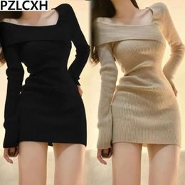 Casual Dresses Pure Spicy Girl Slim Fit Wrap Bottom With Off Shoulder Short Skirt Knitted Dress Women's Autumn And Winter 2024