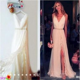 New Beach Boho Wedding Dresses 2019 Split Side Chiffon Bohemian Lace V Neck Ruffles Sashes Beads Bridal Gowns Custom Made3050768