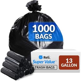 Reli. SuperValue 13 Gallon Trash Bags 1000 Count Bulk Tall Kitchen Can Liners Black Multi-Use Garbage Bags 240416