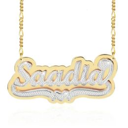 Necklaces Personalised 18K Gold Plated Double Layer Nameplate Necklace with Heart Figaro Chain for Women