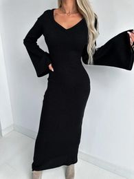 Casual Dresses Autumn Winter Fashion V-neck Knitted Mini Dress Pure Colour Flare Sleeve For Women Elegant Solid Long