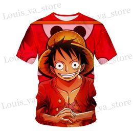 Men's T-Shirts Childrens One Piece Cartoon Luffy Boys Printed Childrens Girls Harajuku T-shirt Summer Childrens Short Slved 3D T-shirt T240419