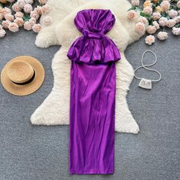 Casual Dresses Ladies Elegant High Quality Purple Evening Party Dress For Women Sexy Strapless Bra Chic Luxury Bodycon Wrap Hip Prom