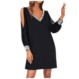 Casual Dresses Women Dress V Neck Hollow Out Off Shoulder Lady Colour Matching Mesh Loose Pullover Patchwork Commute Mini