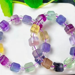 Link Bracelets Natural Flurite Cube Bracelet String Charms Handmade Fortune Energy Woman Amulet Jewellery Gift 1PCS 10MM
