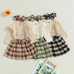 Clothing Sets Autumn Infant Baby Girl Fall Jumpsuit Set Solid Color Ruffled Long Sleeve Romper Plaid A-line Skirt Bow Headband