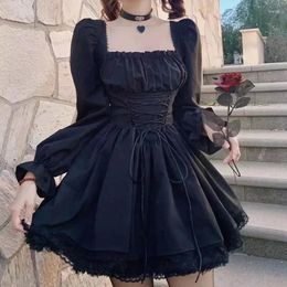 Casual Dresses Long Sleeves Lolita Black Dress Goth Aesthetic Puff Sleeve High Waist Vintage Bandage Lace Trim Party Gothic Clothes Woman