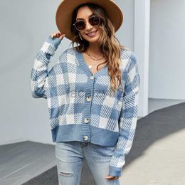 Women's Sweaters Women's new V-neck loose sweater coat in autumn and winter casual Plaid long sleeve knitted cardigan Plus Size T Shirt tops