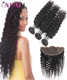 9a Grade Peruvian Curly Virgin Hair Bundle Deals Deep Wave Bundles with Closure 13x4 Lace Frontal Bundles Cheap Remy Tape Hair Ext9840815