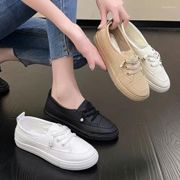 Casual Shoes Women's Solid Lace Up Sneakers PU Leather Vulcanized Ladies Lightweight Soft Sole Flat Slip On Loafers