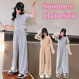 Summer Casual Girls Cotton Plain Crop t-Shirt TopsLoose Straight Pant Sets School Kids 2PCS Tracksuit Children Outfit 5-16 Yr 240410