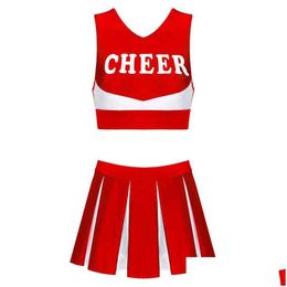 Womens Tracksuits Cheerleading Uniform Dance Come V Neck Sleeveless Crop Top With Pleated Skirt School Girls Cheerleader Cosplay Out Dhvui