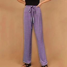 Women's Pants Striped Knitted Long Women Elastic Waist Baggy Wide Leg Trousers Korean Drawstring Straight Chic Loose Casual Pant Vintage
