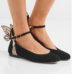 Sophia Webster Butterfly крылья квартиры вокруг ноги Black Soade Leather Mules Ballet Angel Wings Shoes Shoes Flats обувь 6022746