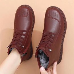 Casual Shoes 2024 Winter Fur Boots Womens Waterproof Leather Woman Concise Lace Up Short Plush Ladies Mom Thick Flat Ankle