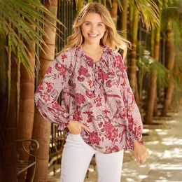 Women's Blouses Pink European And American Loose-Fitting V-neck Long Sleeves T-shirt Chiffon Shirt