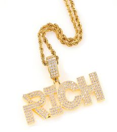 Iced Out Diamond Letter RICH Pendant Necklace with 4mm Tennis Chain Full Zircon Mens Hip Hop Jewellery Gift4638250