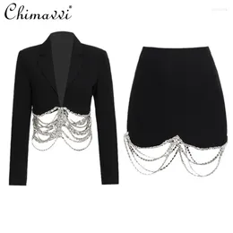 Work Dresses Spring Autumn Heavy Rhinestone Chain Personality Stitching Suit Jacket Short Sheath Skirt Elegant Women's Two-Piece Sets