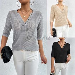 Women's T Shirt sexy Tees New casual V-neck hollowed out knitted sweater for women's wear 2024 spring/summer pullover short sleeved knitted sweater Plus Size tops