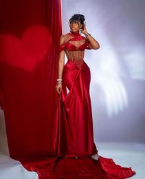 African Red Prom Dresses For Black Women High Neck Evening Dresses Plus size Vestidos Para Mujer Velvet Party Evening Dresses Mermaid