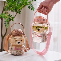 Water Bottles 1000ml Large Capacity Cartoon Bear Plastic Sippy Cup Children's Portable Backpack Kettle Bottle Mug With Straw Girl's