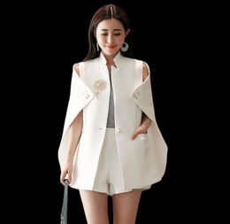 Spring Runway Designer Women Beadinged Diamond Cape Blazer Sexy Black White Ruched Coats White Blazer Cape Office Wear7343655